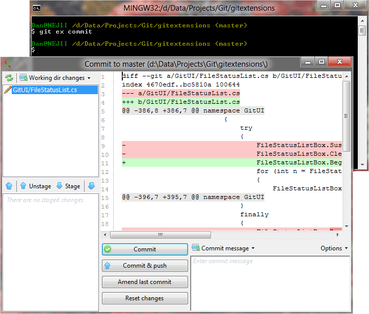 Screenshot of git bash and git extensions commit dialog
