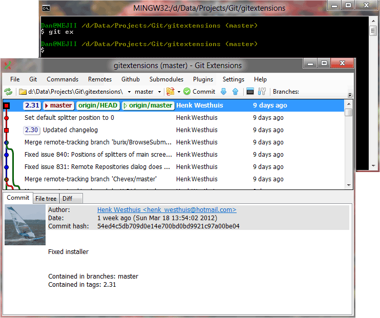 Screenshot of git bash and git extensions