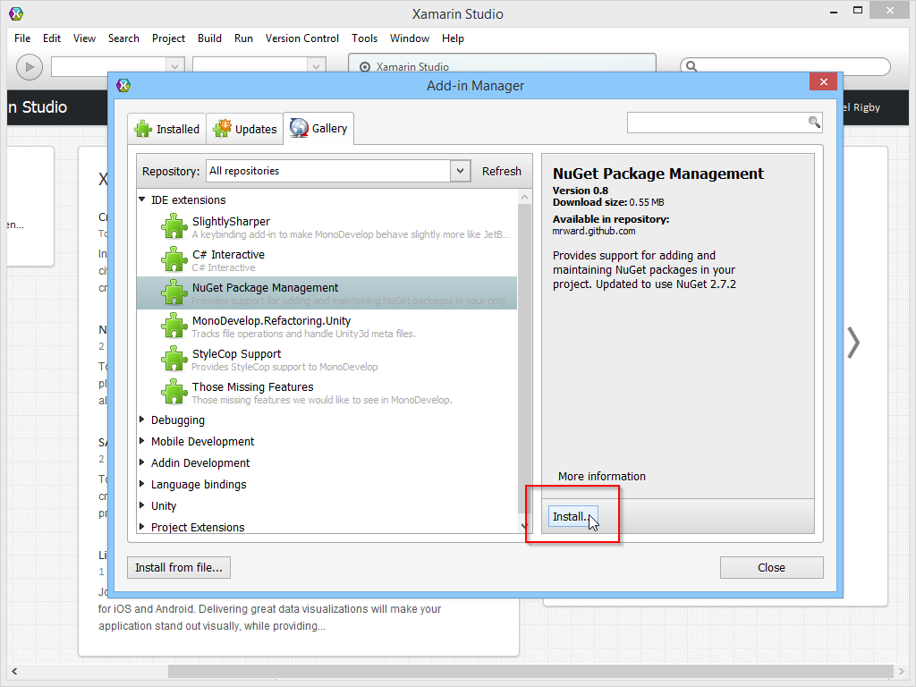 NuGet for Xamarin Studio Step 1